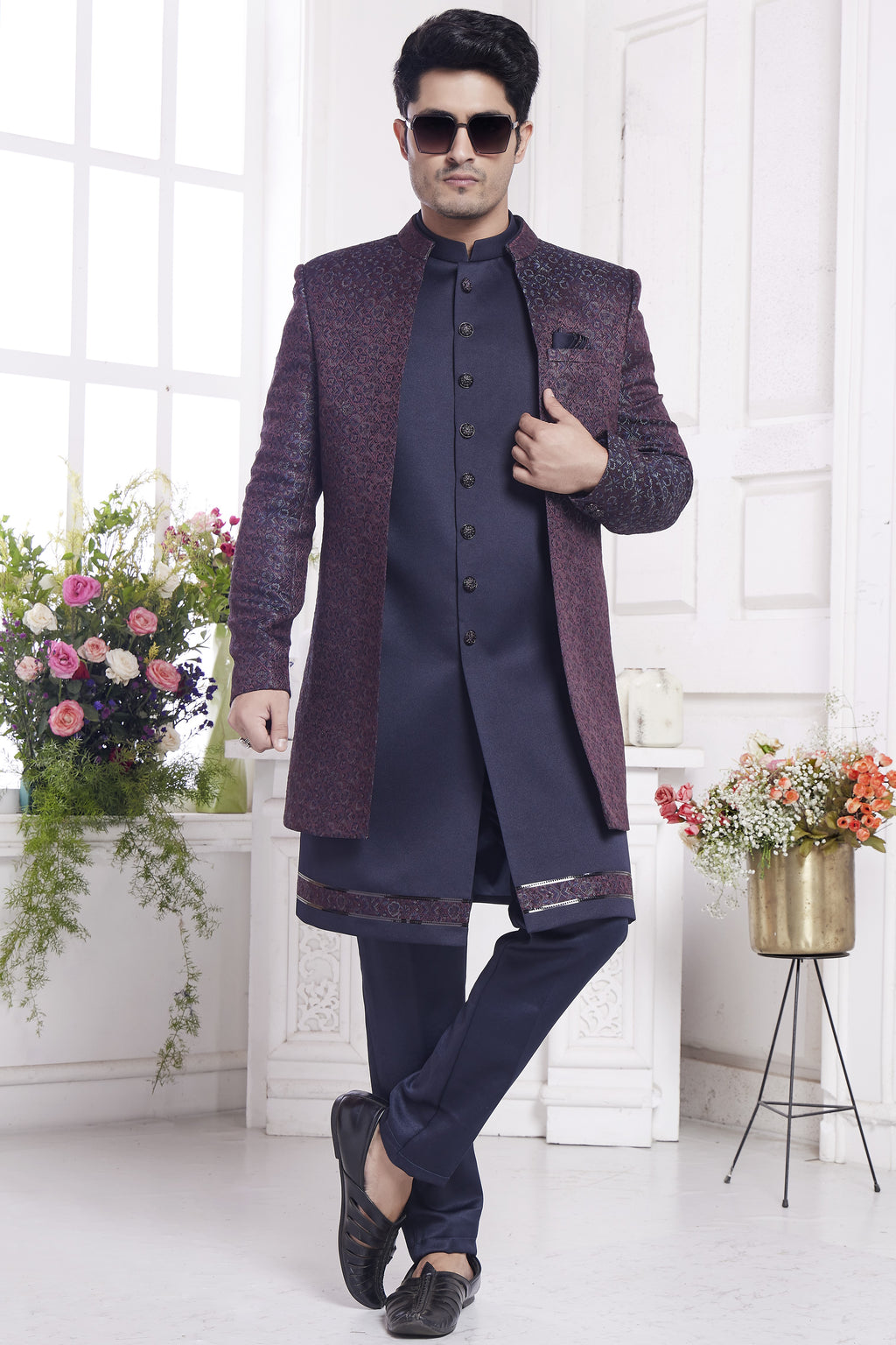 Burgundy Jacquard Silk Indo Western Traditional Sherwani Kurta with Jacket & Pant for Men for Wedding - Embroidery Work