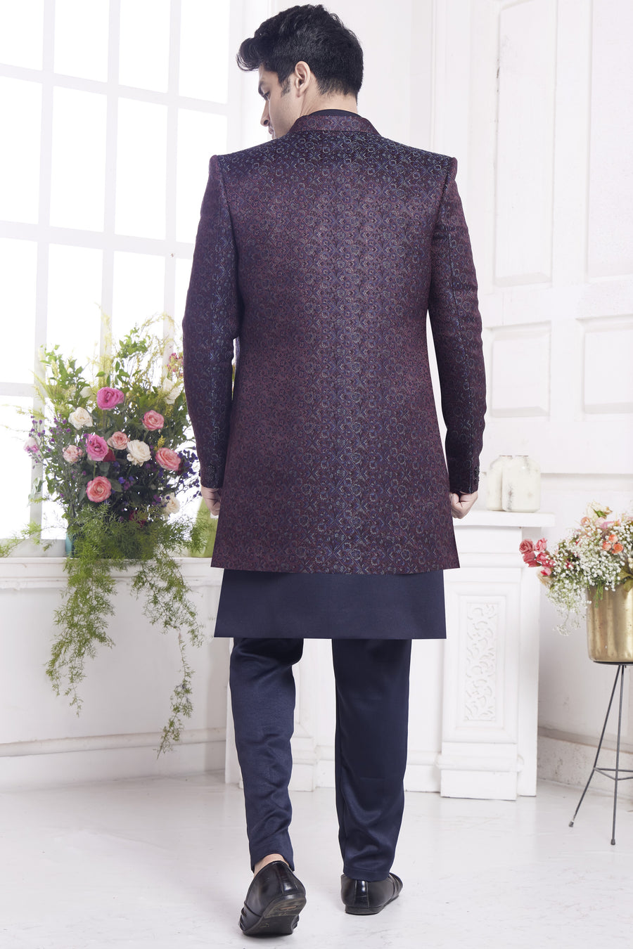 Burgundy Jacquard Silk Indo Western Traditional Sherwani Kurta with Jacket & Pant for Men for Wedding - Embroidery Work