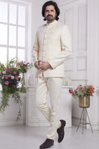 Beige Jacquard Silk Traditional Jodhpuri Suits with Pant for Men for Wedding - Embroidery Work