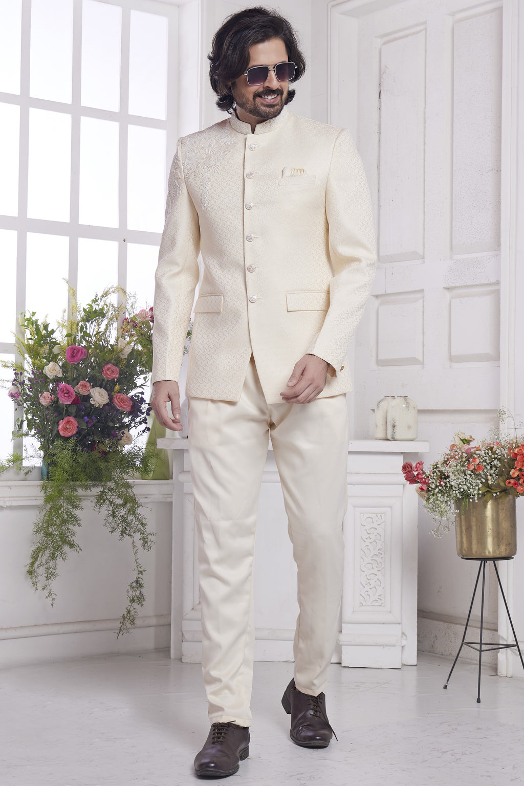 Beige Jacquard Silk Traditional Jodhpuri Suits with Pant for Men for Wedding - Embroidery Work