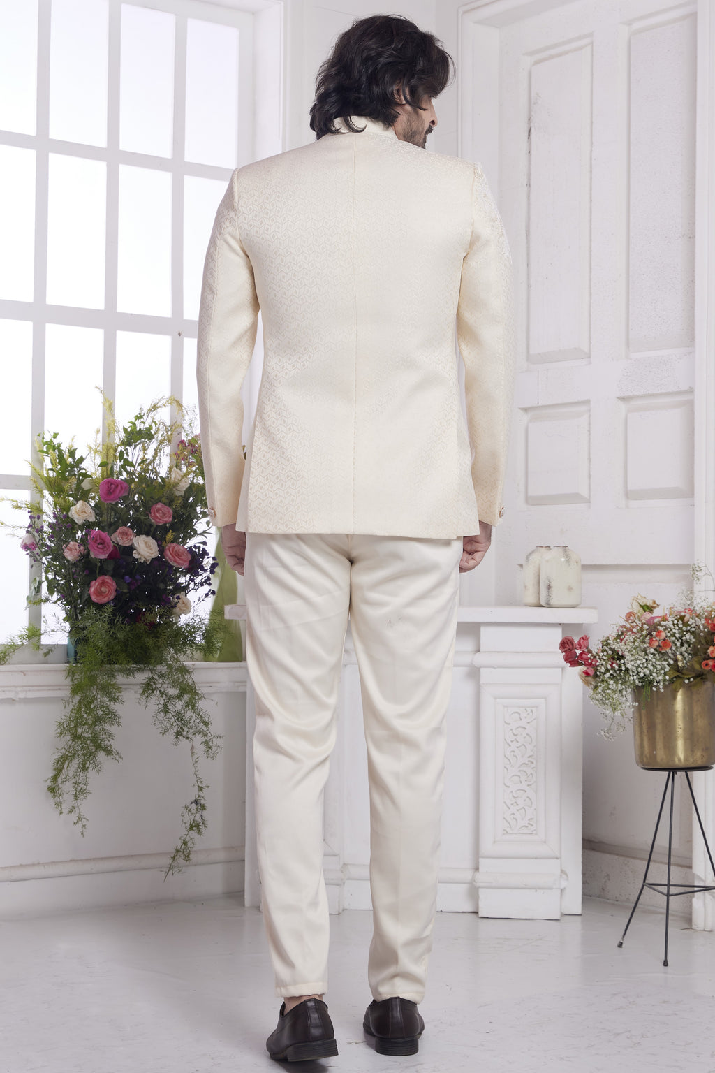 Beige Jacquard Silk Traditional Jodhpuri Suits with Pant for Men for Wedding - Embroidery Work