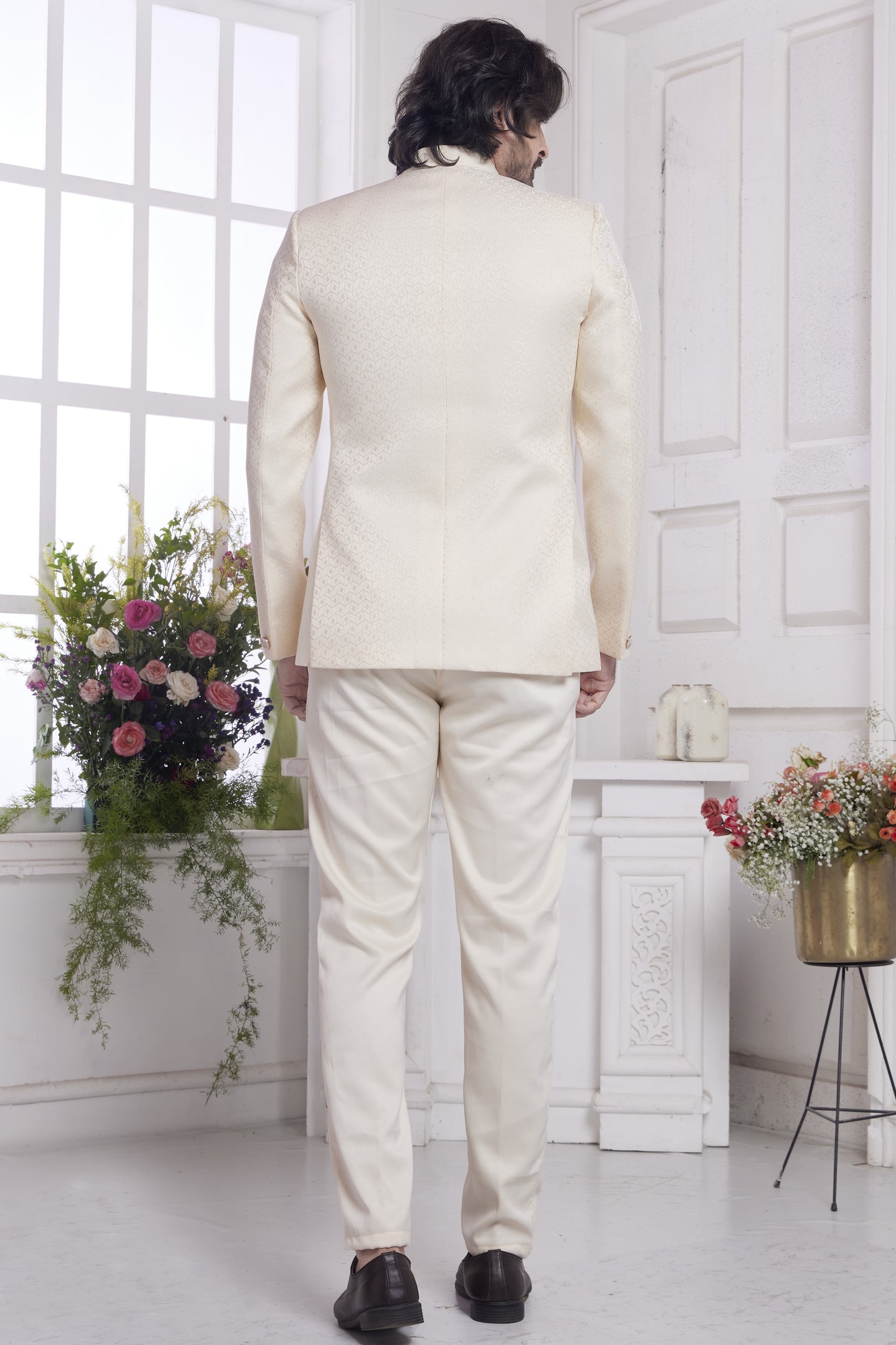 Beige Jacquard Silk Traditional Jodhpuri Suits with Pant for Men for Wedding - Embroidery Work