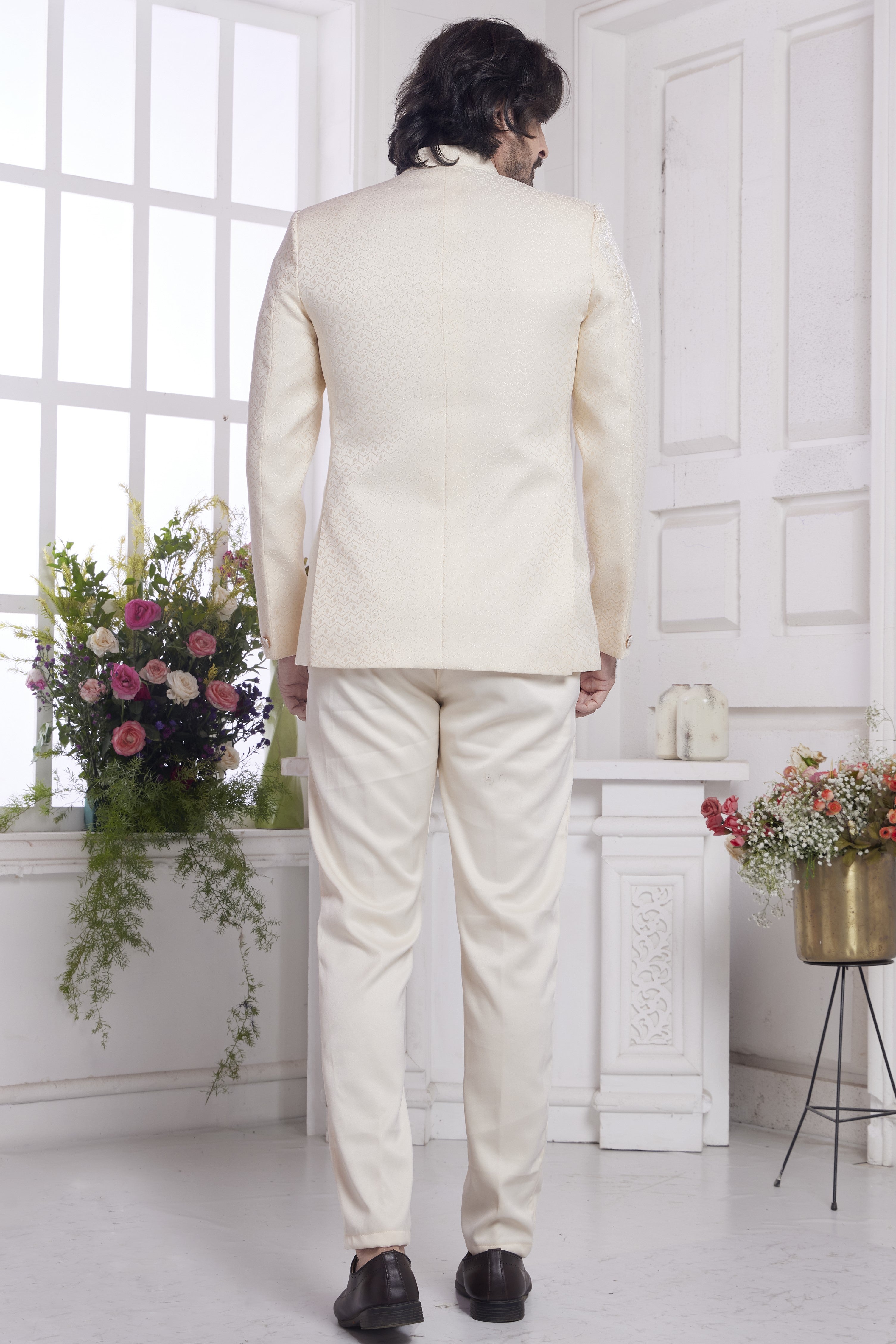 Beige Jacquard Silk Traditional Jodhpuri Suits with Pant for Men for Wedding - Embroidery Work