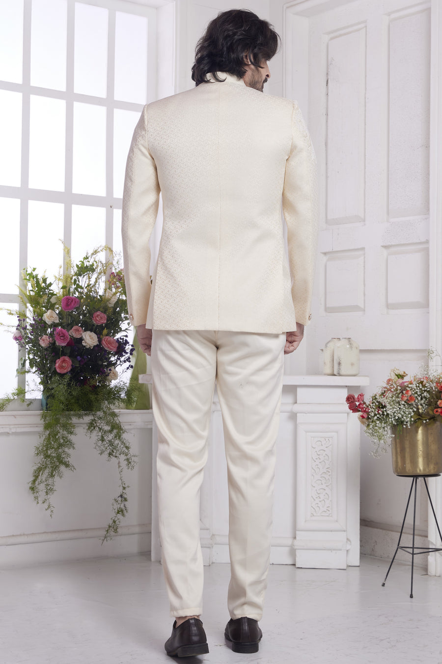 Beige Jacquard Silk Traditional Jodhpuri Suits with Pant for Men for Wedding - Embroidery Work