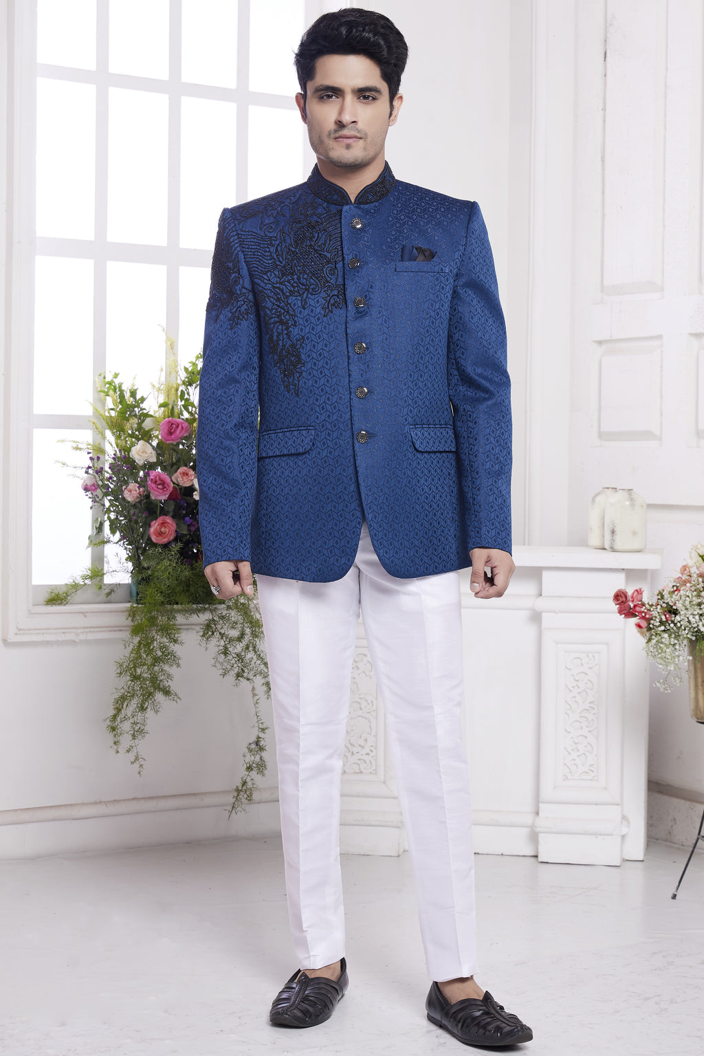 Blue Jacquard Silk Traditional Jodhpuri Suits with Pant for Men for Wedding - Embroidery Work