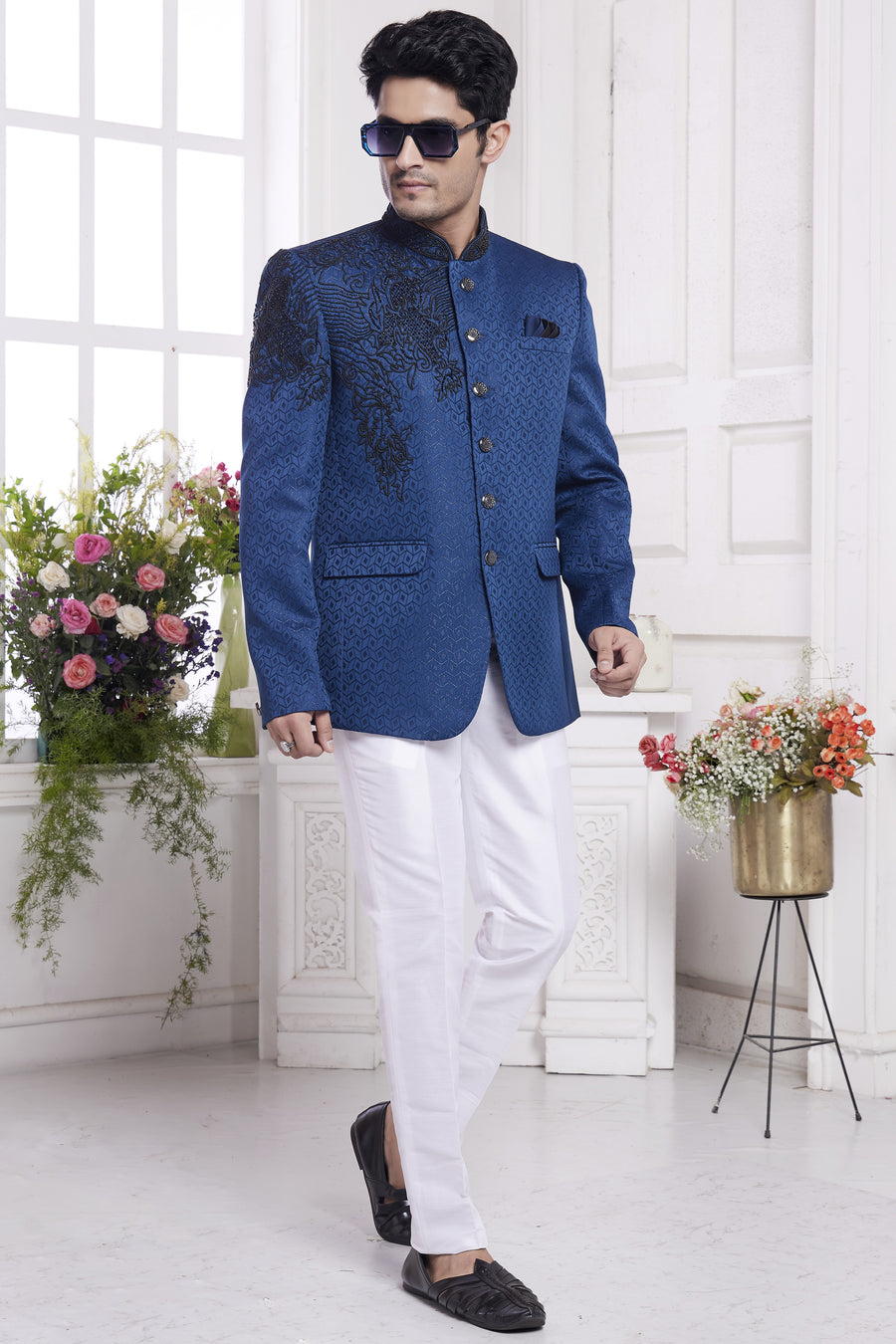 Blue Jacquard Silk Traditional Jodhpuri Suits with Pant for Men for Wedding - Embroidery Work