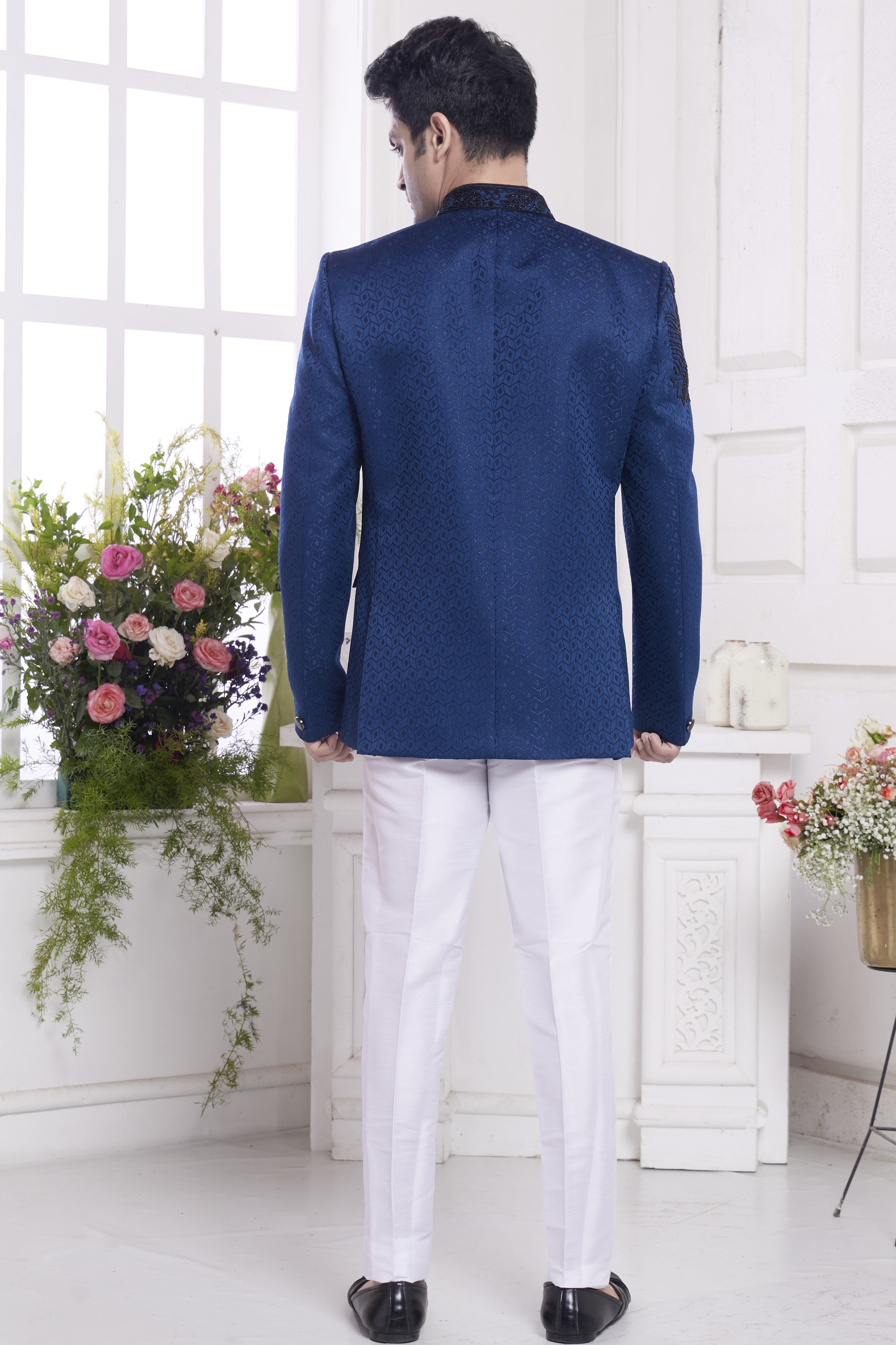 Blue Jacquard Silk Traditional Jodhpuri Suits with Pant for Men for Wedding - Embroidery Work