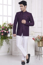 Purple Jacquard Silk Traditional Jodhpuri Suits with Pant for Men for Wedding - Embroidery Work