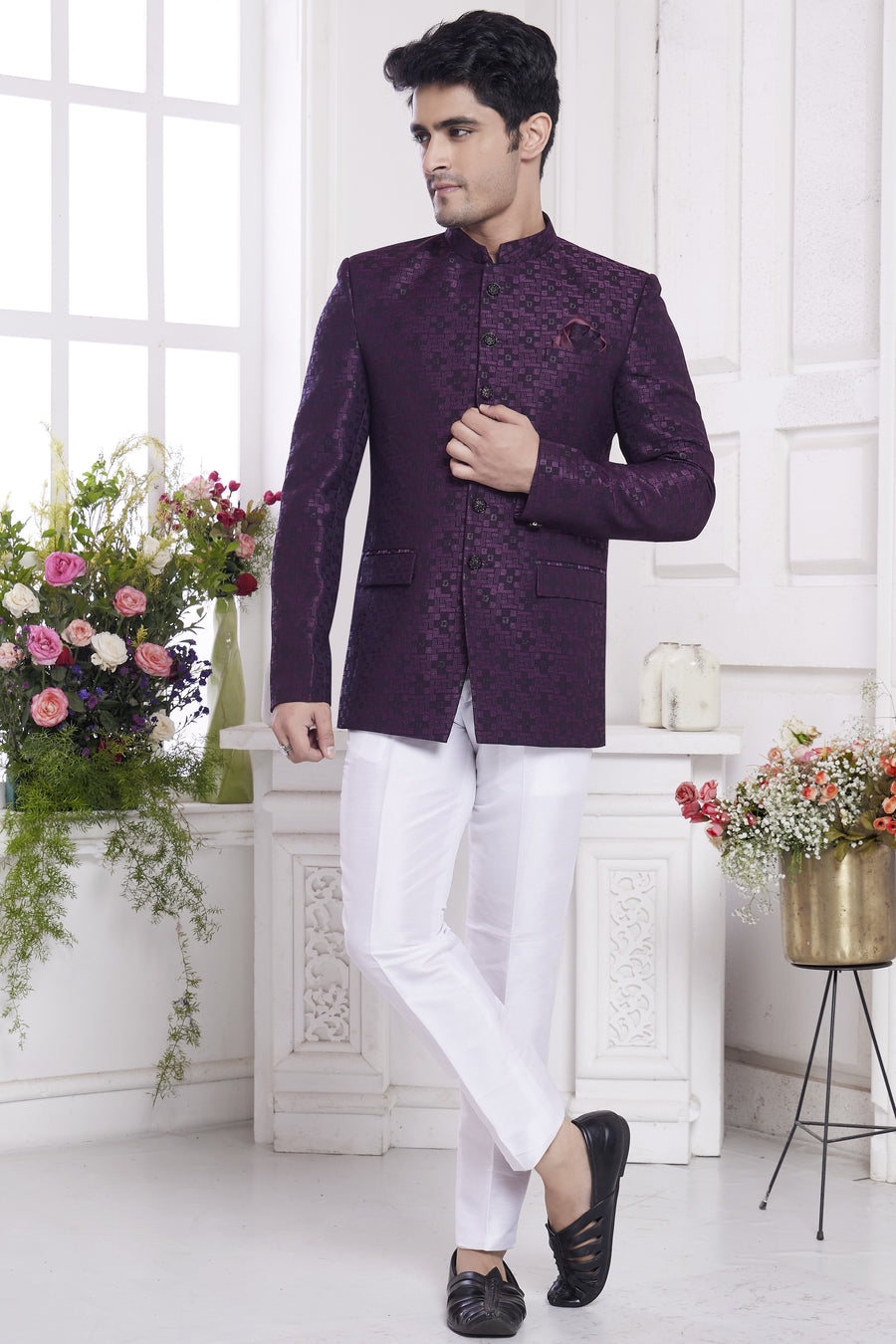 Purple Jacquard Silk Traditional Jodhpuri Suits with Pant for Men for Wedding - Embroidery Work