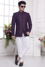 Purple Jacquard Silk Traditional Jodhpuri Suits with Pant for Men for Wedding - Embroidery Work