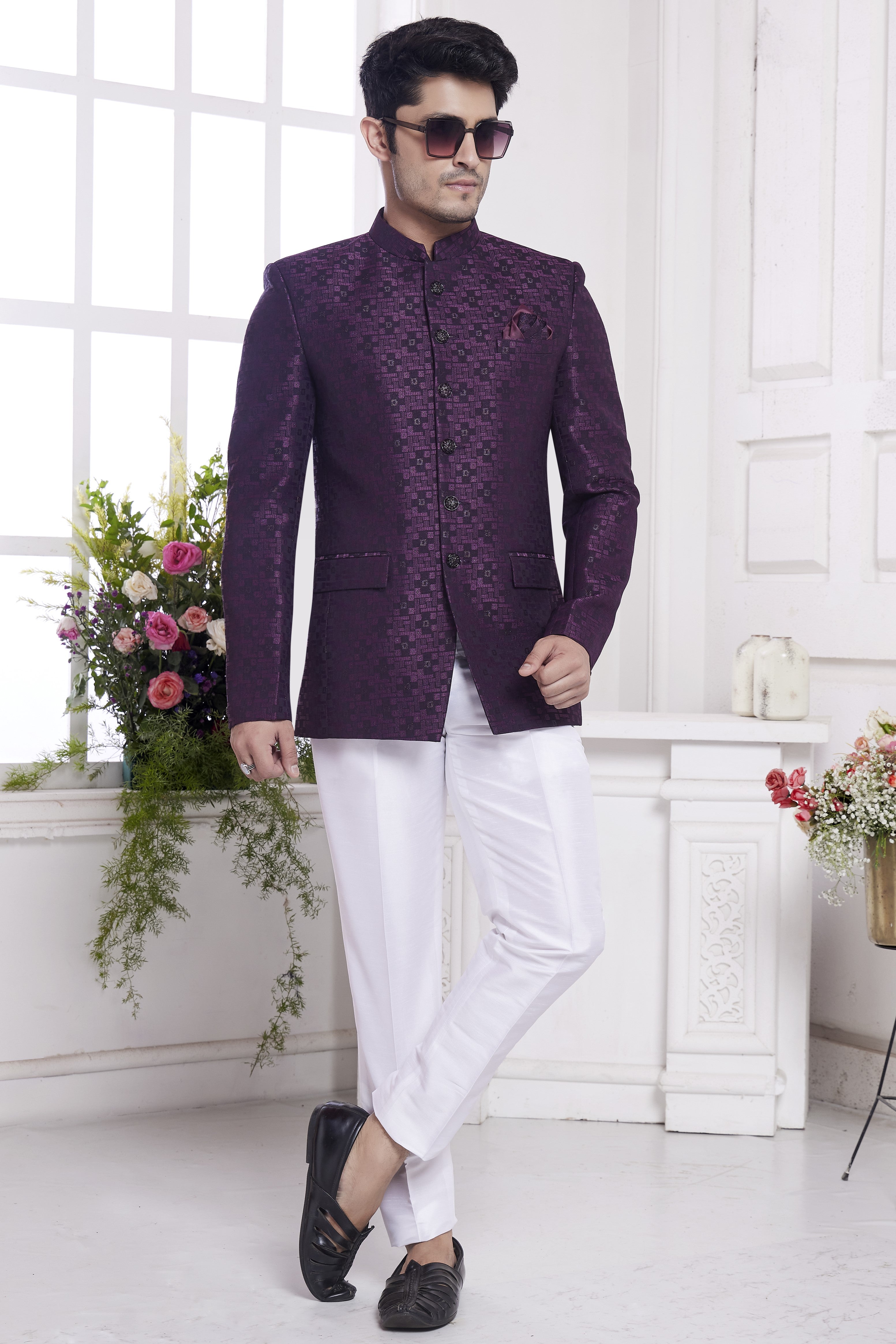 Purple Jacquard Silk Traditional Jodhpuri Suits with Pant for Men for Wedding - Embroidery Work