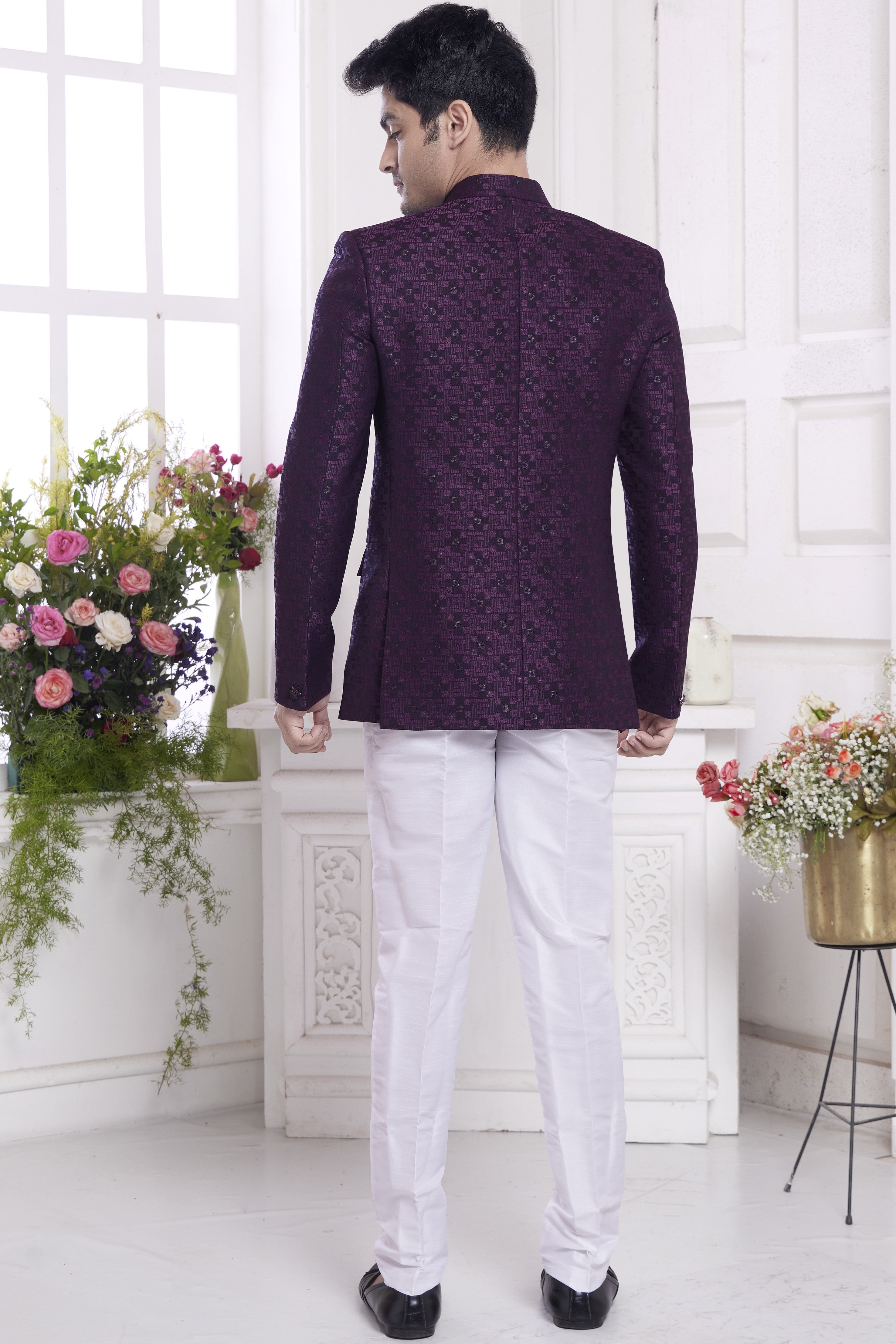 Purple Jacquard Silk Traditional Jodhpuri Suits with Pant for Men for Wedding - Embroidery Work