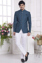 Dark Teal Jacquard Silk Traditional Jodhpuri Suits with Pant for Men for Wedding - Embroidery Work