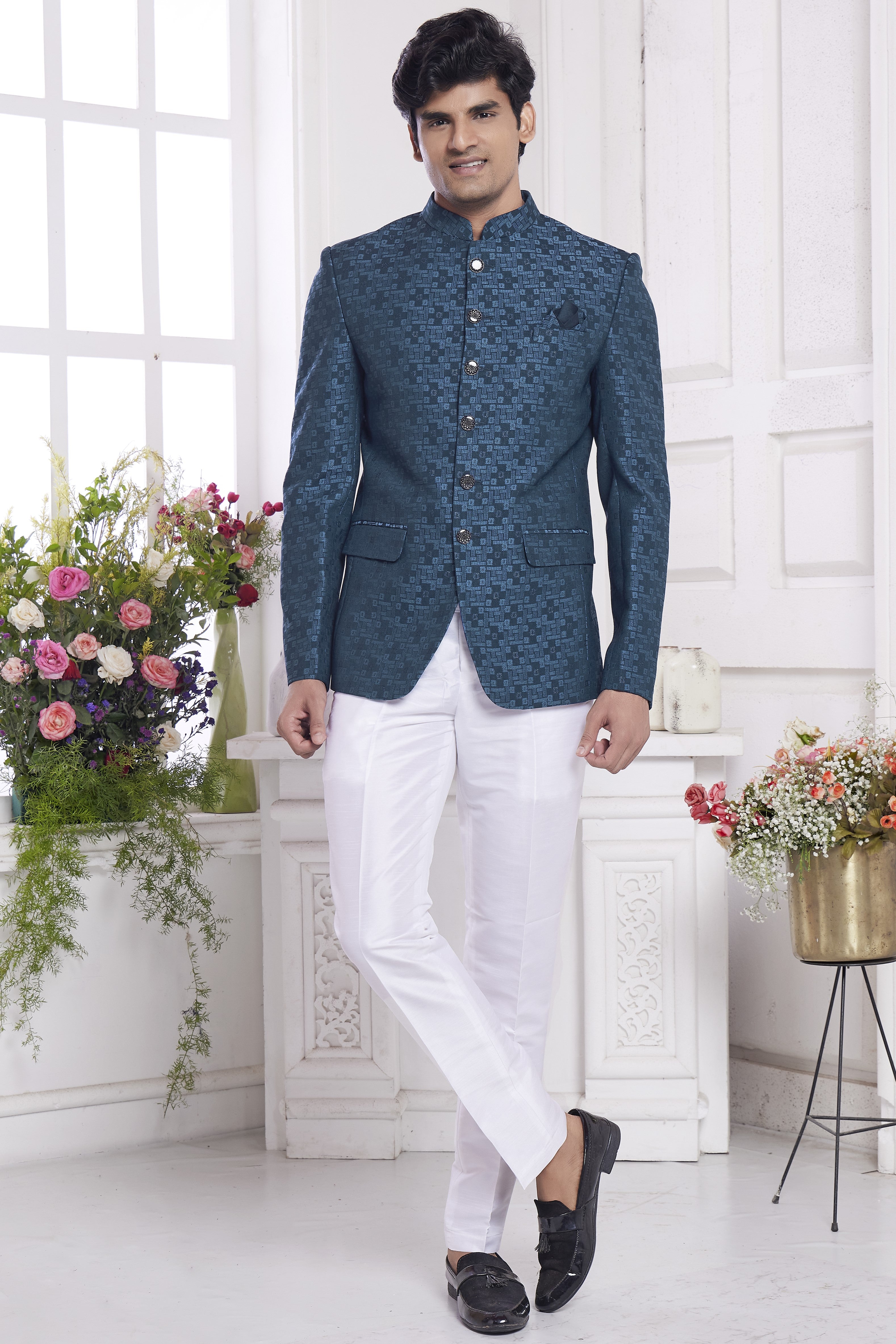 Dark Teal Jacquard Silk Traditional Jodhpuri Suits with Pant for Men for Wedding - Embroidery Work