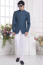 Dark Teal Jacquard Silk Traditional Jodhpuri Suits with Pant for Men for Wedding - Embroidery Work