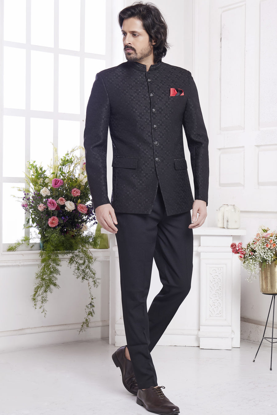 Black Jacquard Silk Traditional Jodhpuri Suits with Pant for Men for Wedding - Embroidery Work