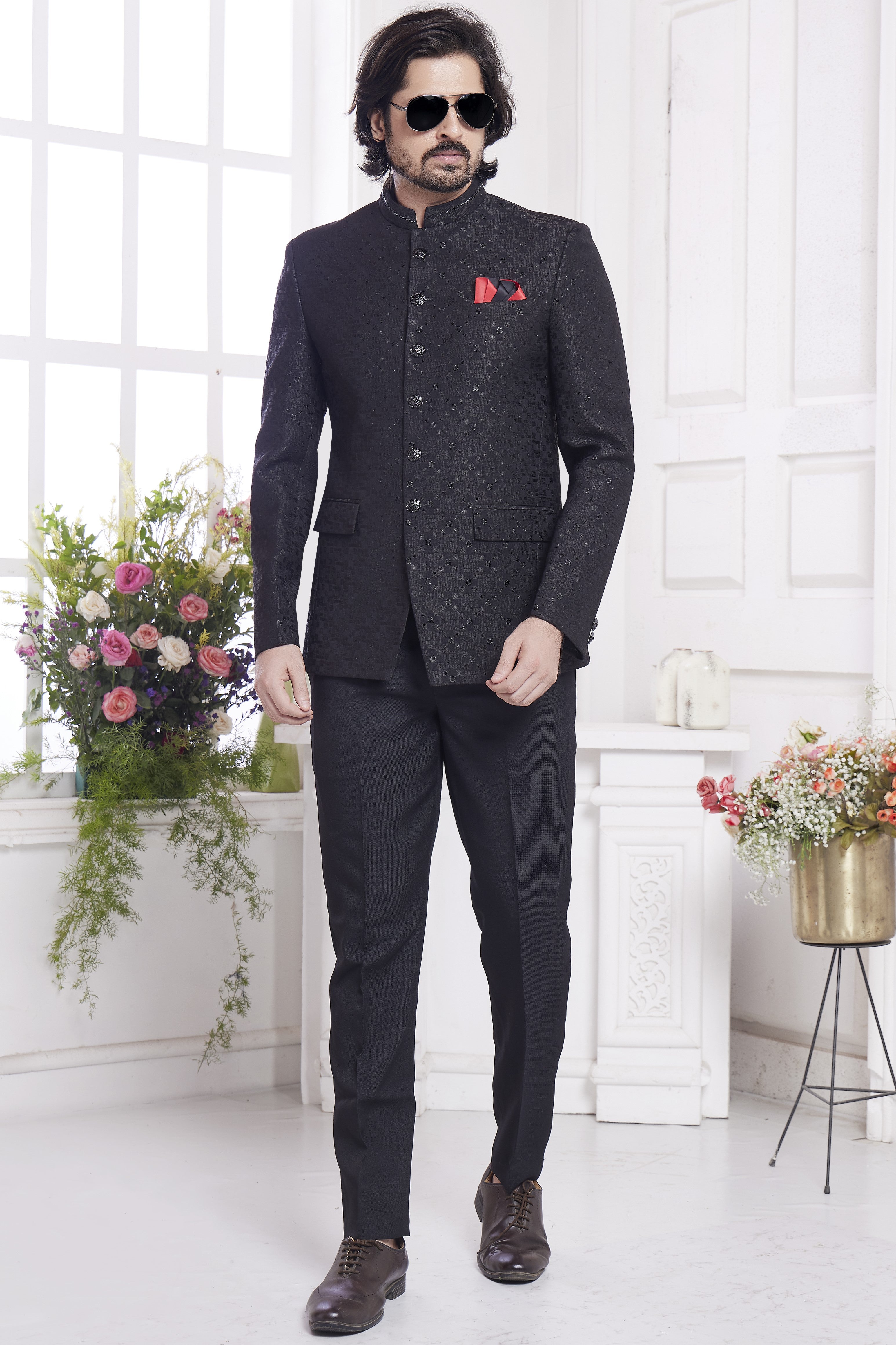 Black Jacquard Silk Traditional Jodhpuri Suits with Pant for Men for Wedding - Embroidery Work