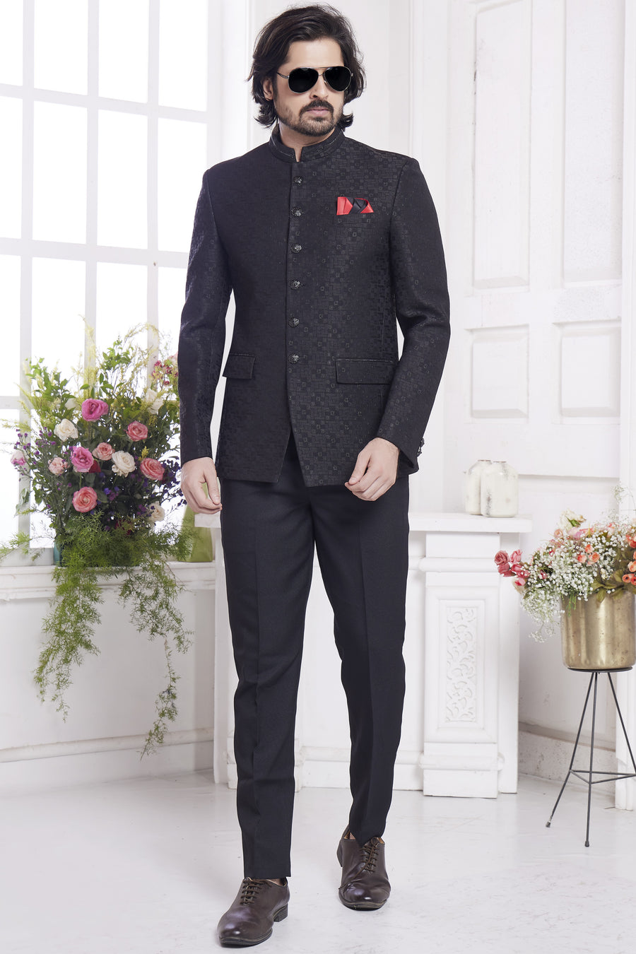 Black Jacquard Silk Traditional Jodhpuri Suits with Pant for Men for Wedding - Embroidery Work
