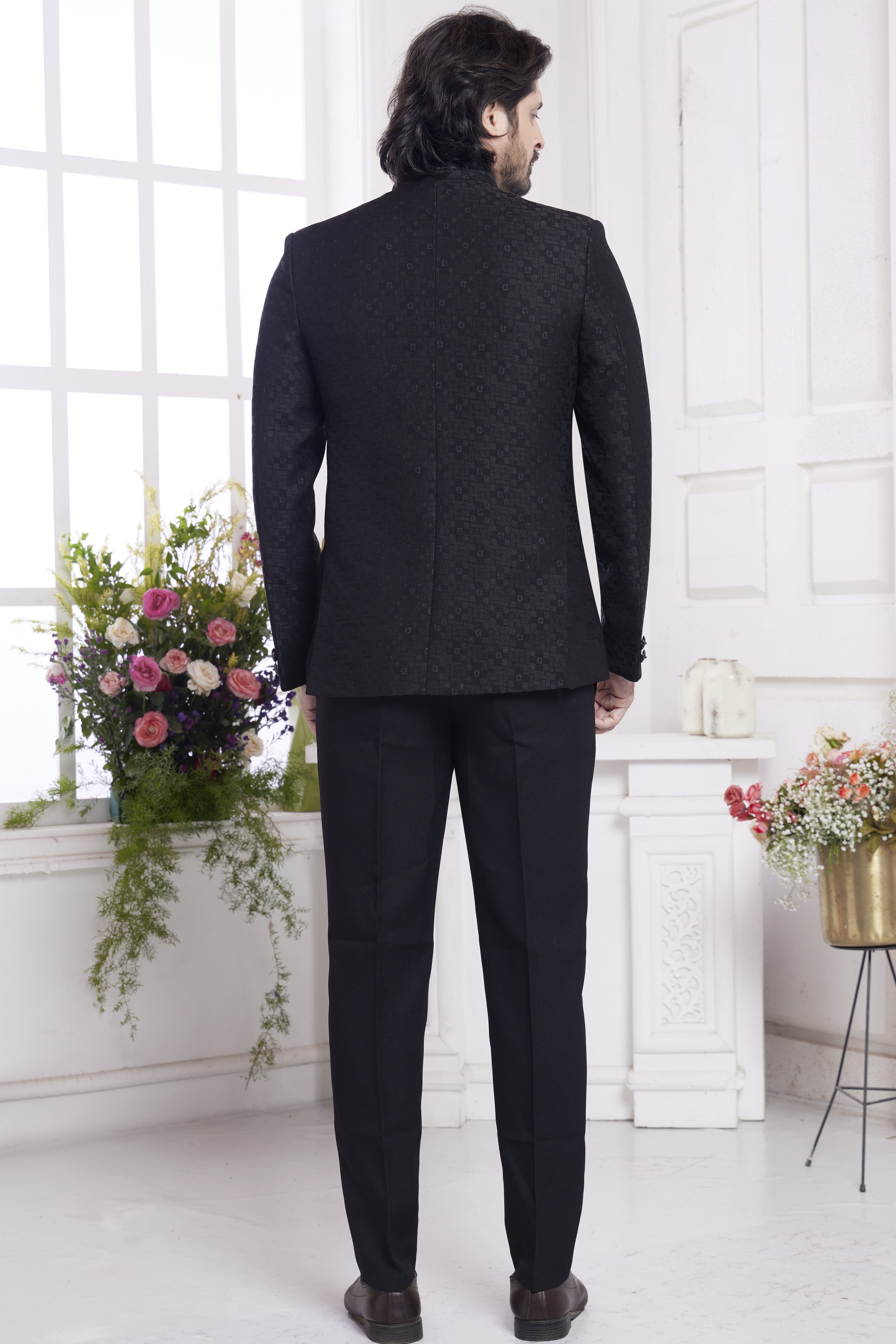 Black Jacquard Silk Traditional Jodhpuri Suits with Pant for Men for Wedding - Embroidery Work