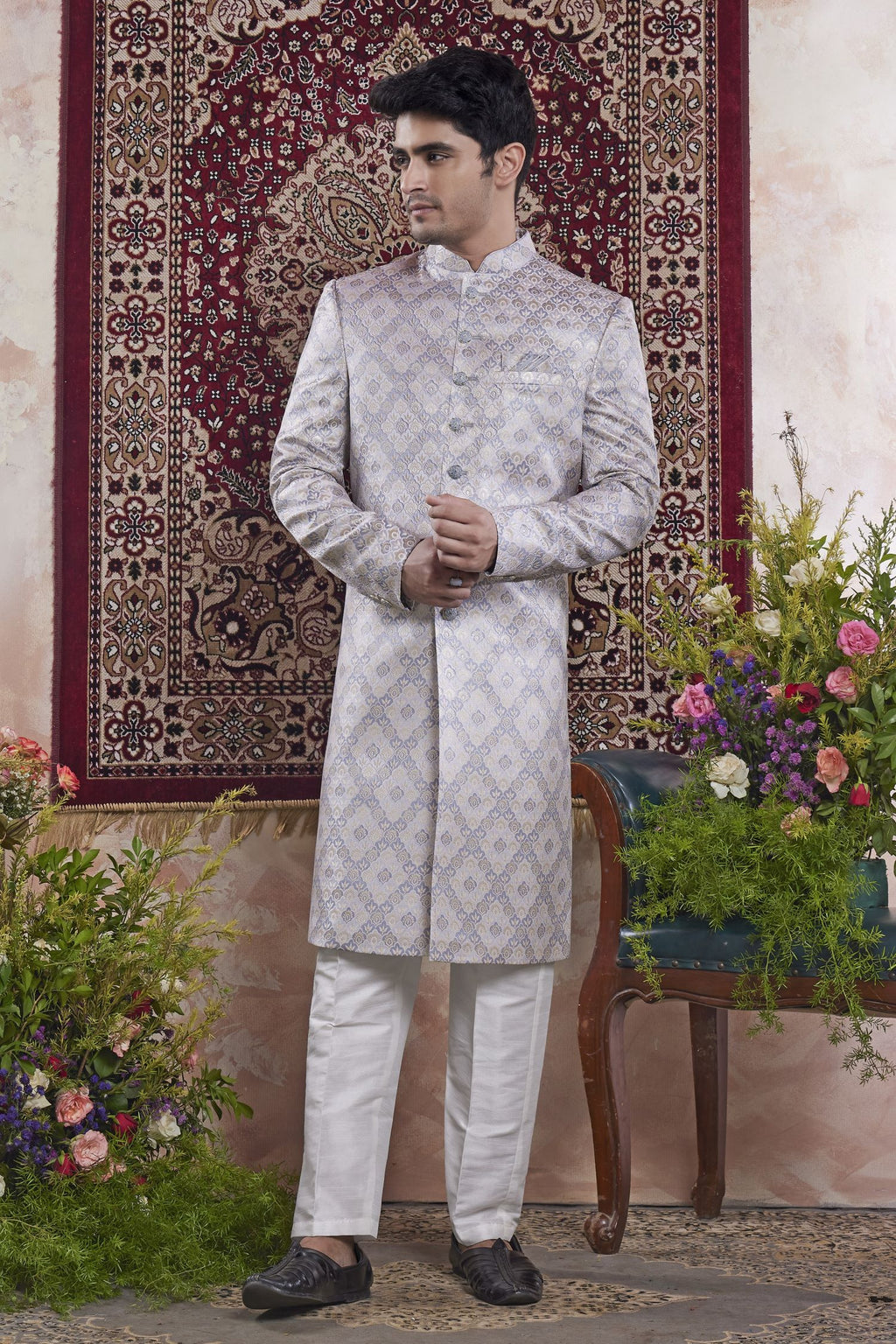 Dusty Blue Jacquard Indo Western Mens Indian Wedding Attire