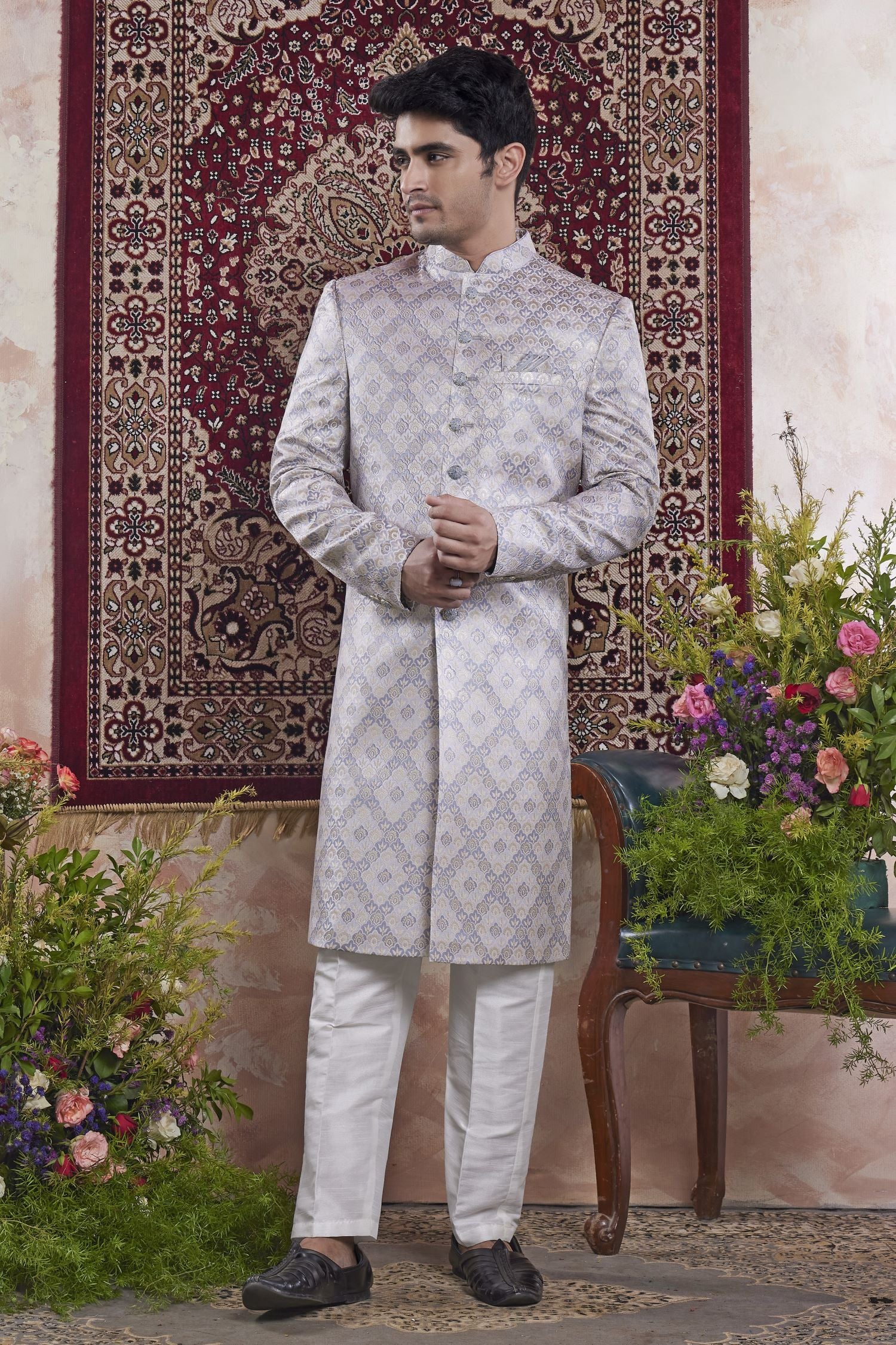 Dusty Blue Jacquard Indo Western Mens Indian Wedding Attire