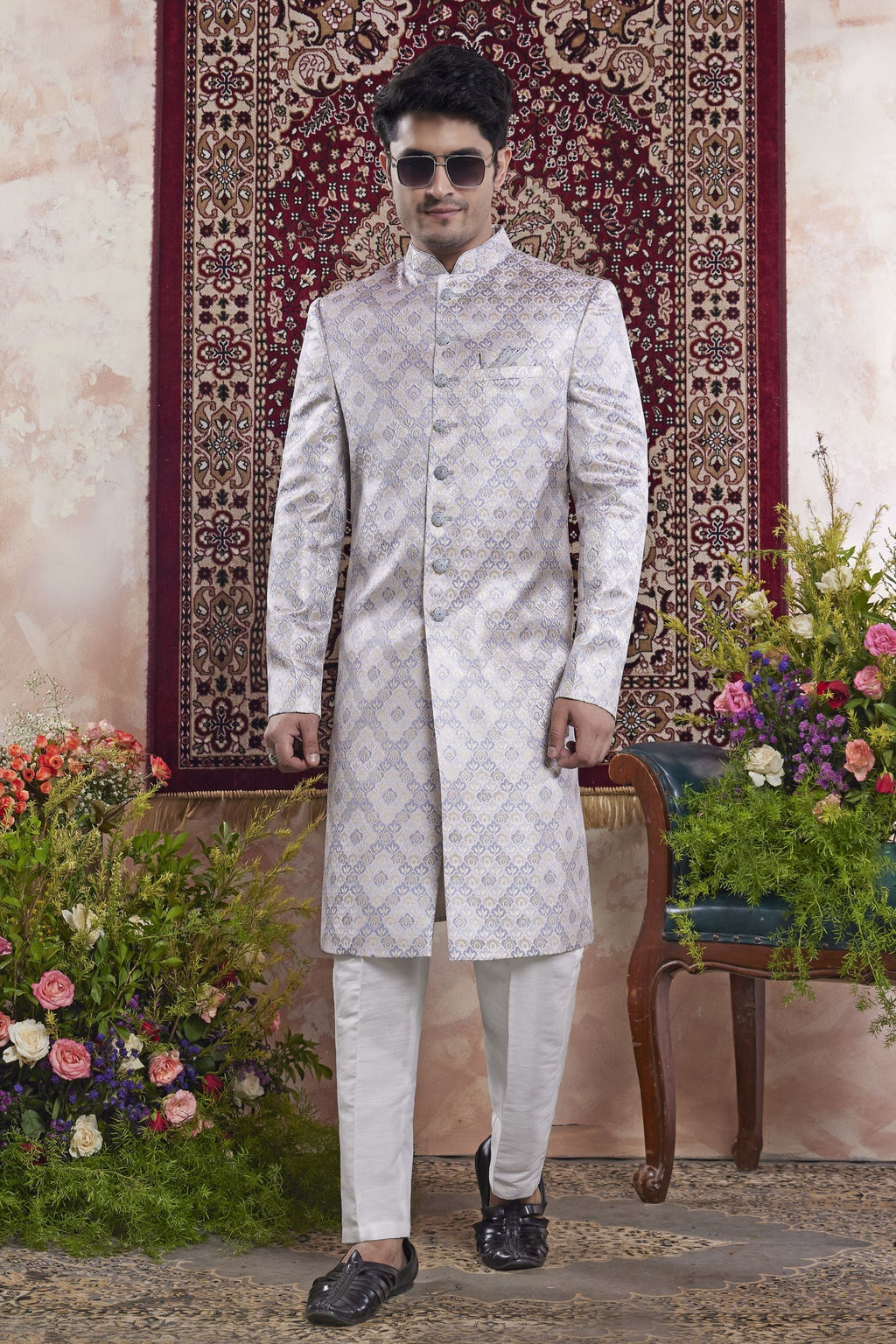 Dusty Blue Jacquard Indo Western Mens Indian Wedding Attire
