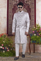 Dusty Blue Jacquard Indo Western Mens Indian Wedding Attire
