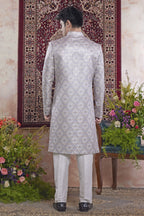 Dusty Blue Jacquard Indo Western Mens Indian Wedding Attire