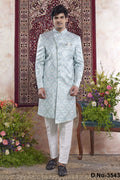 Baby Blue Jacquard Woven Mens Indian Wedding Attire Indo Western