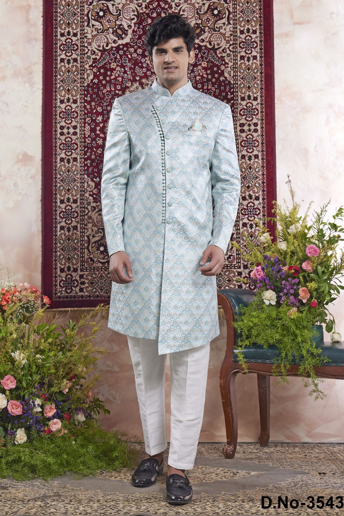 Baby Blue Jacquard Woven Mens Indian Wedding Attire Indo Western