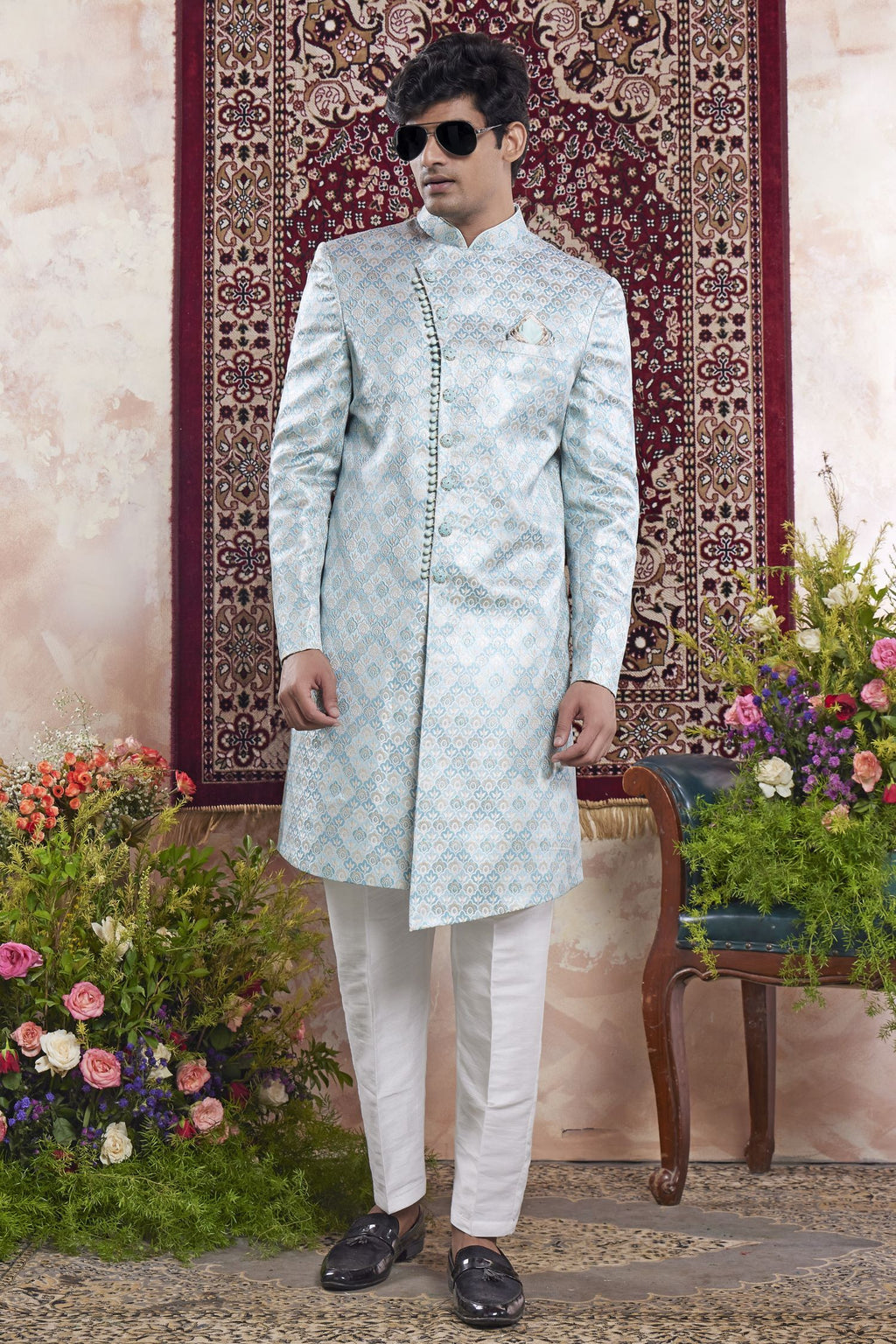 Baby Blue Jacquard Woven Mens Indian Wedding Attire Indo Western