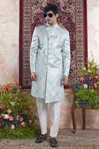 Baby Blue Jacquard Woven Mens Indian Wedding Attire Indo Western
