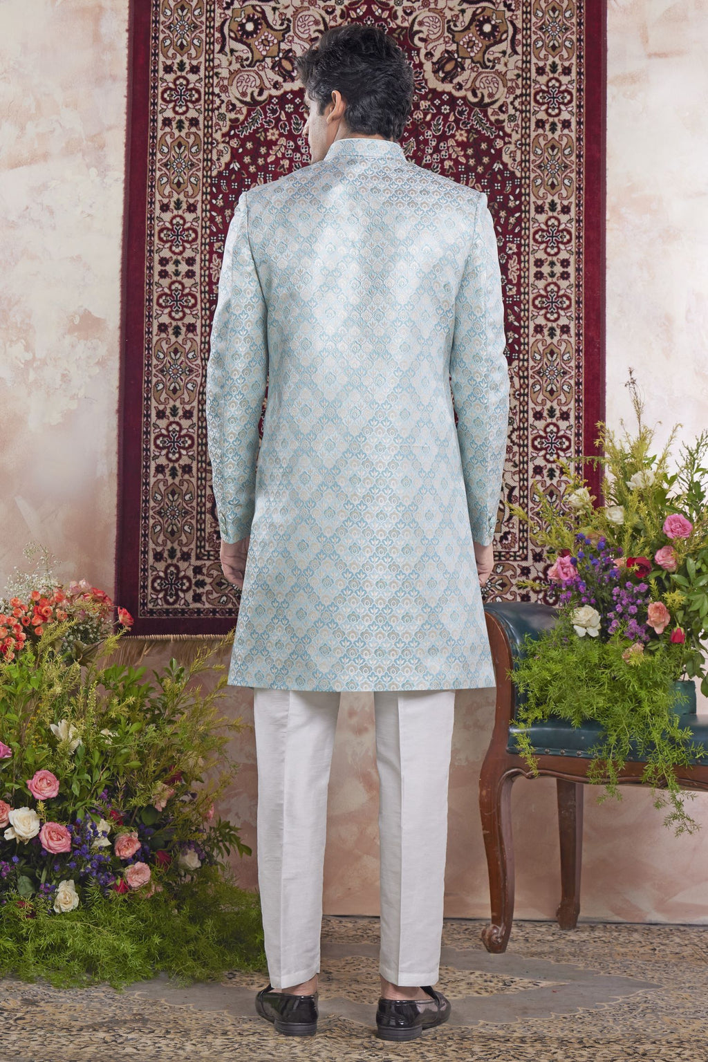 Baby Blue Jacquard Woven Mens Indian Wedding Attire Indo Western