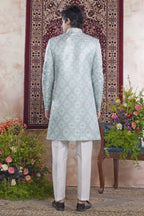 Baby Blue Jacquard Woven Mens Indian Wedding Attire Indo Western