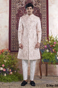 Cream Pink Jacquard Woven Mens Indian Wedding Attire
