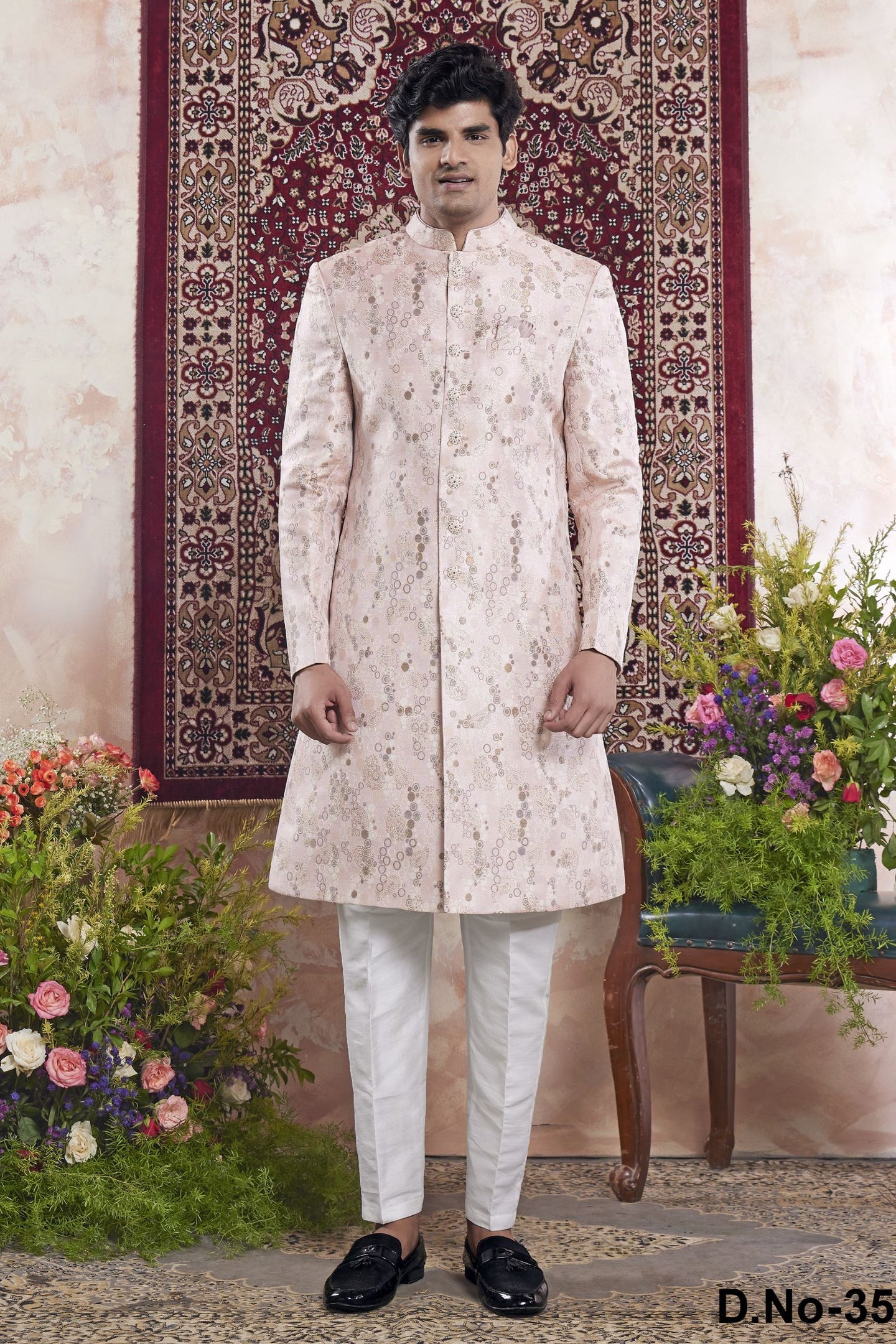 Cream Pink Jacquard Woven Mens Indian Wedding Attire