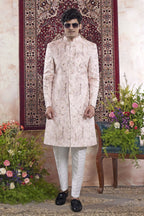 Cream Pink Jacquard Woven Mens Indian Wedding Attire