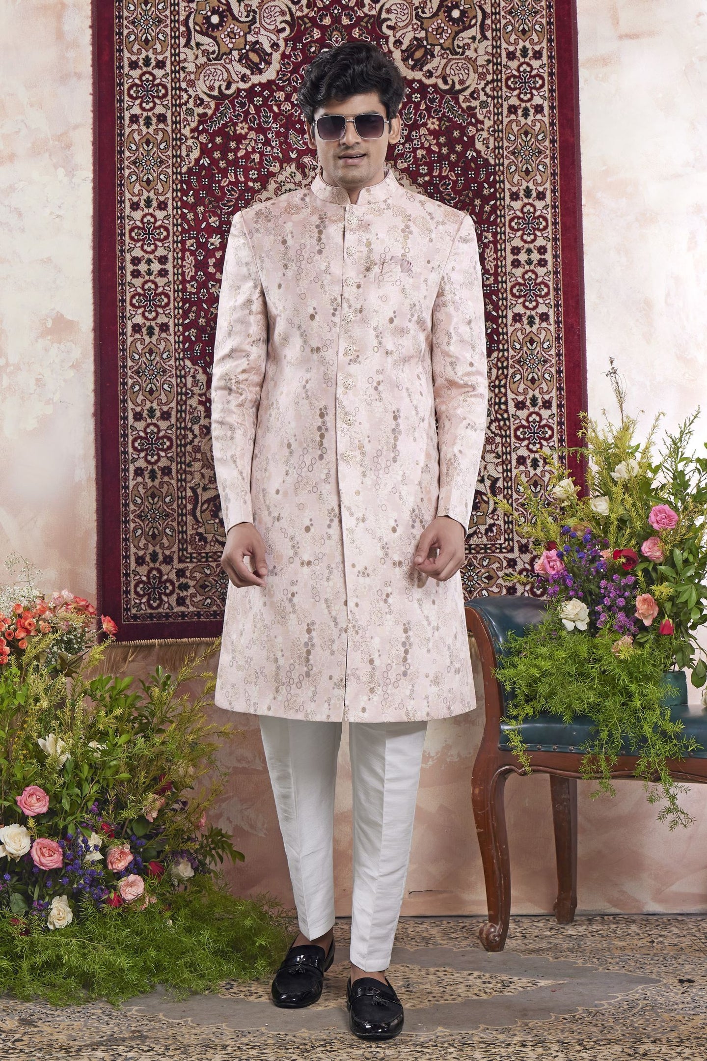 Cream Pink Jacquard Woven Mens Indian Wedding Attire