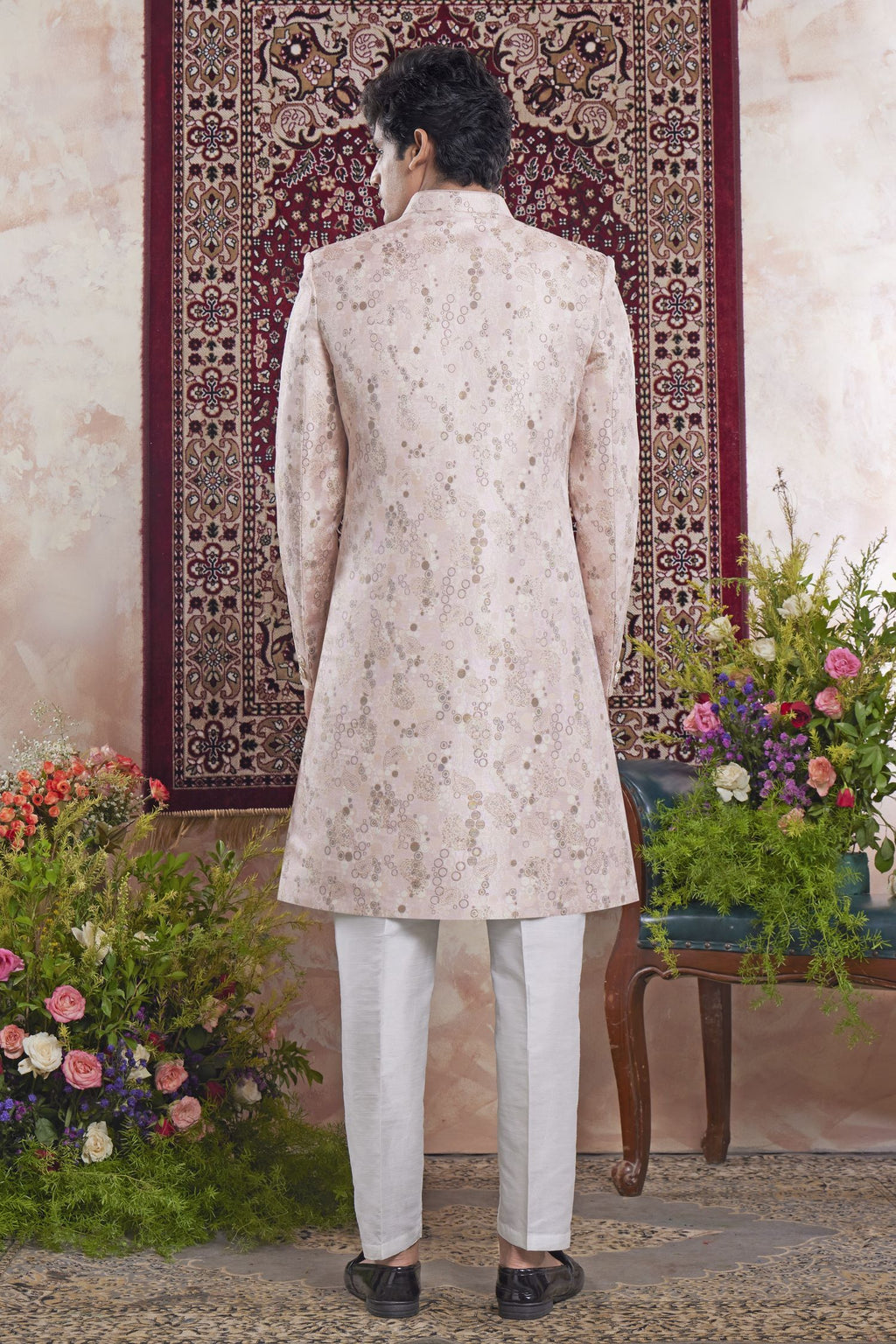 Cream Pink Jacquard Woven Mens Indian Wedding Attire