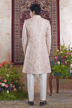 Cream Pink Jacquard Woven Mens Indian Wedding Attire