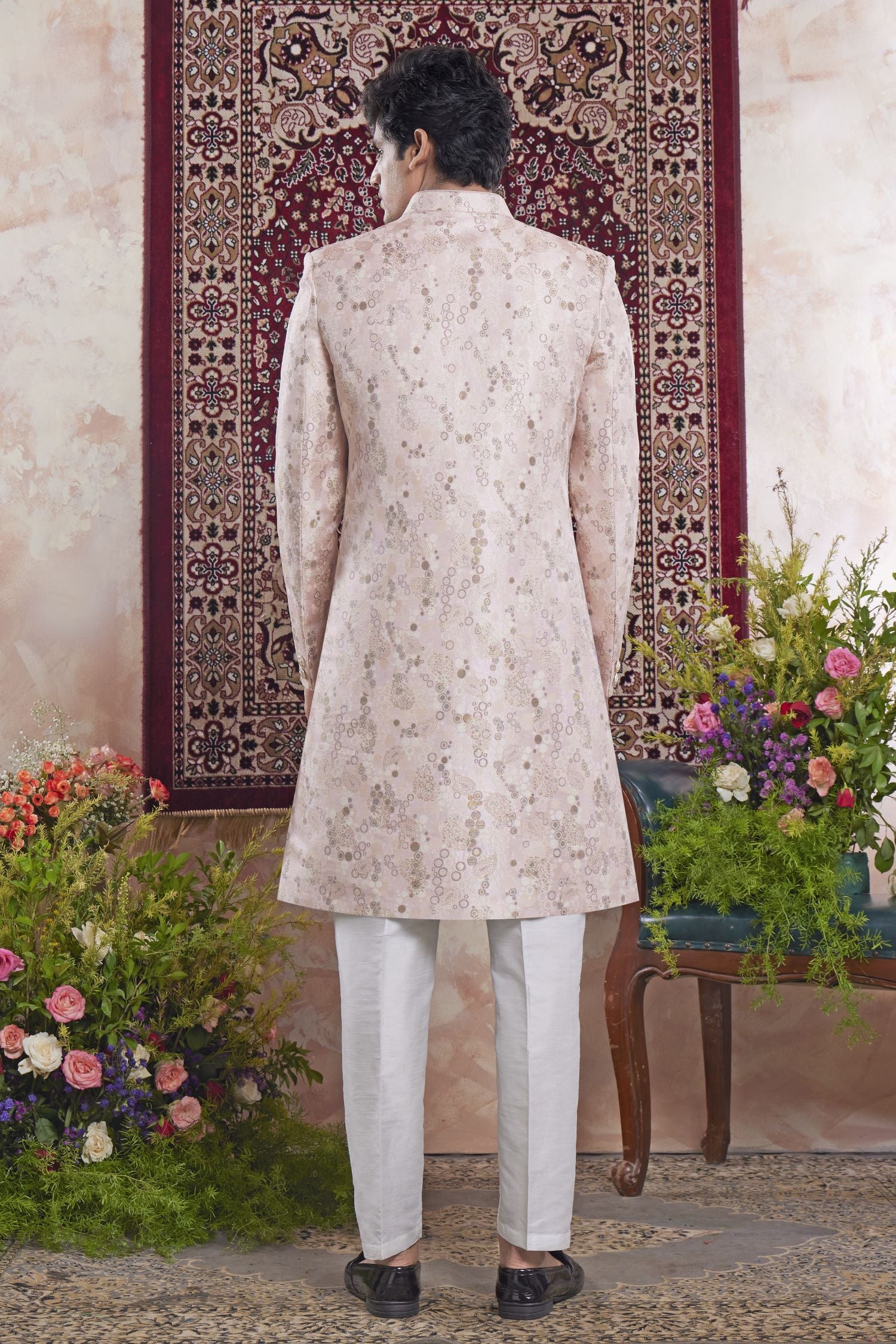 Cream Pink Jacquard Woven Mens Indian Wedding Attire