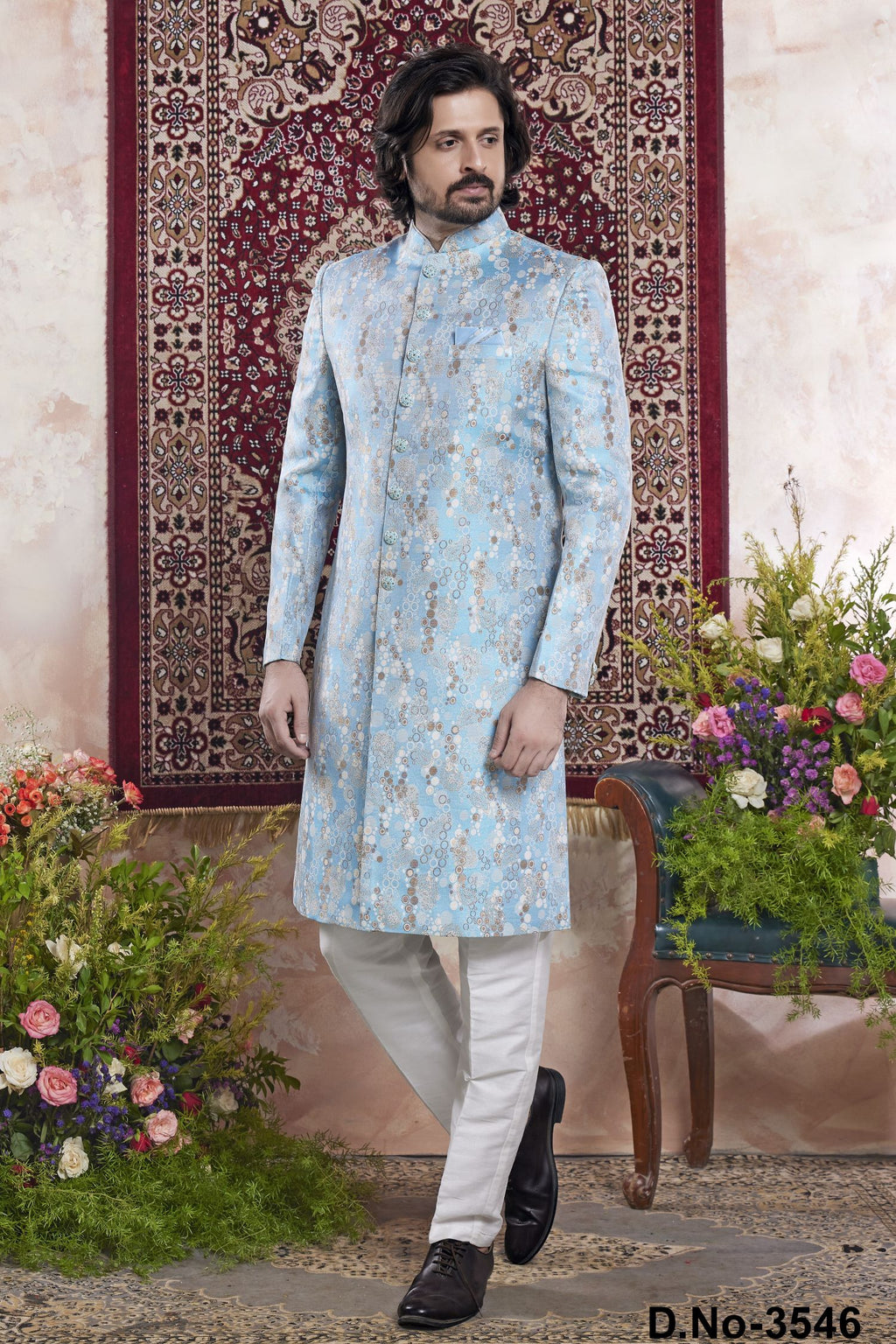 Light Blue Jacquard Mens Indian Wedding Attire Indo Western