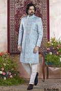 Light Blue Jacquard Mens Indian Wedding Attire Indo Western