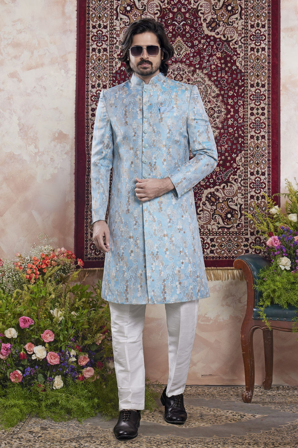 Light Blue Jacquard Mens Indian Wedding Attire Indo Western
