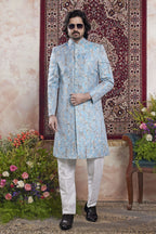 Light Blue Jacquard Mens Indian Wedding Attire Indo Western