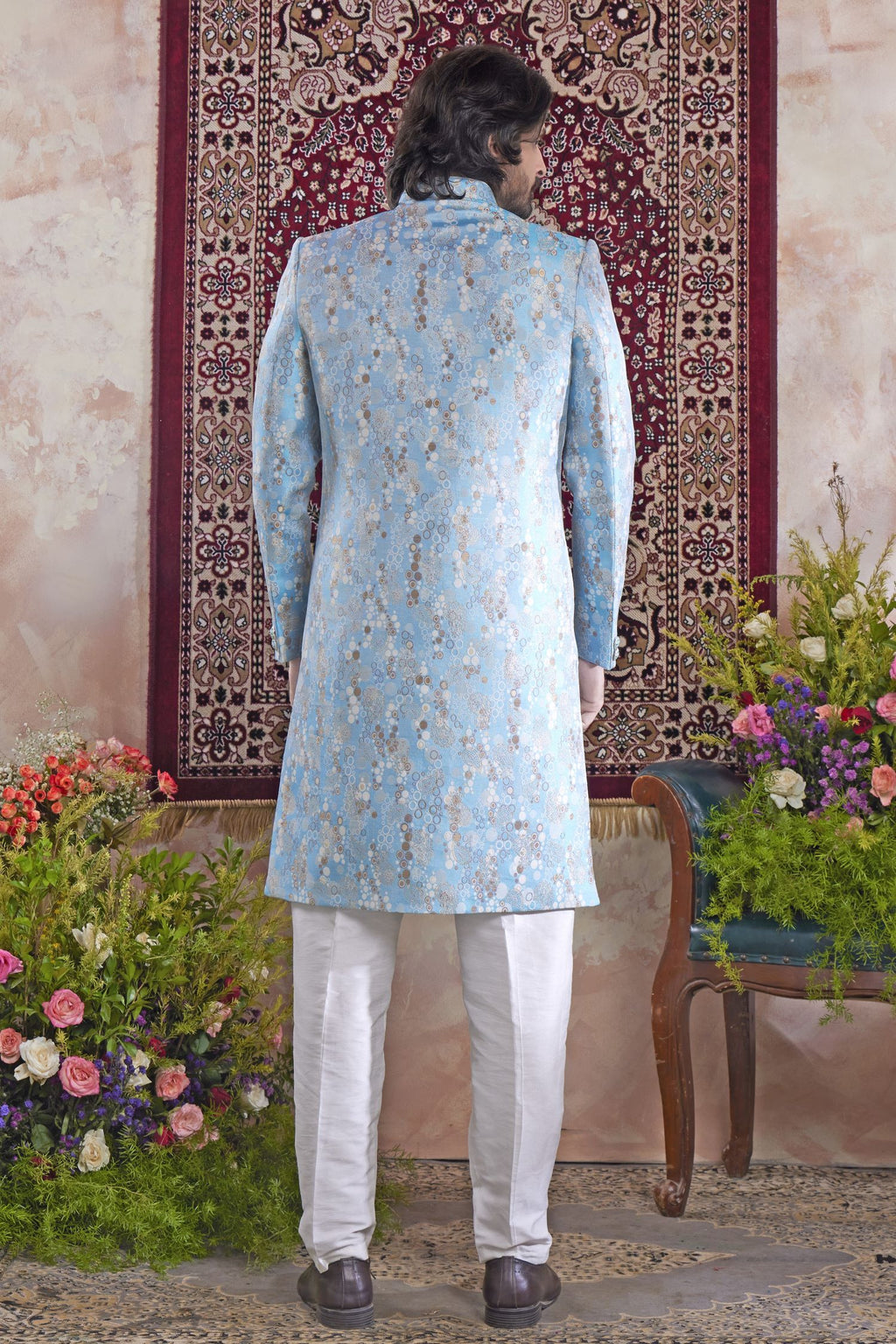 Light Blue Jacquard Mens Indian Wedding Attire Indo Western