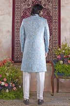 Light Blue Jacquard Mens Indian Wedding Attire Indo Western