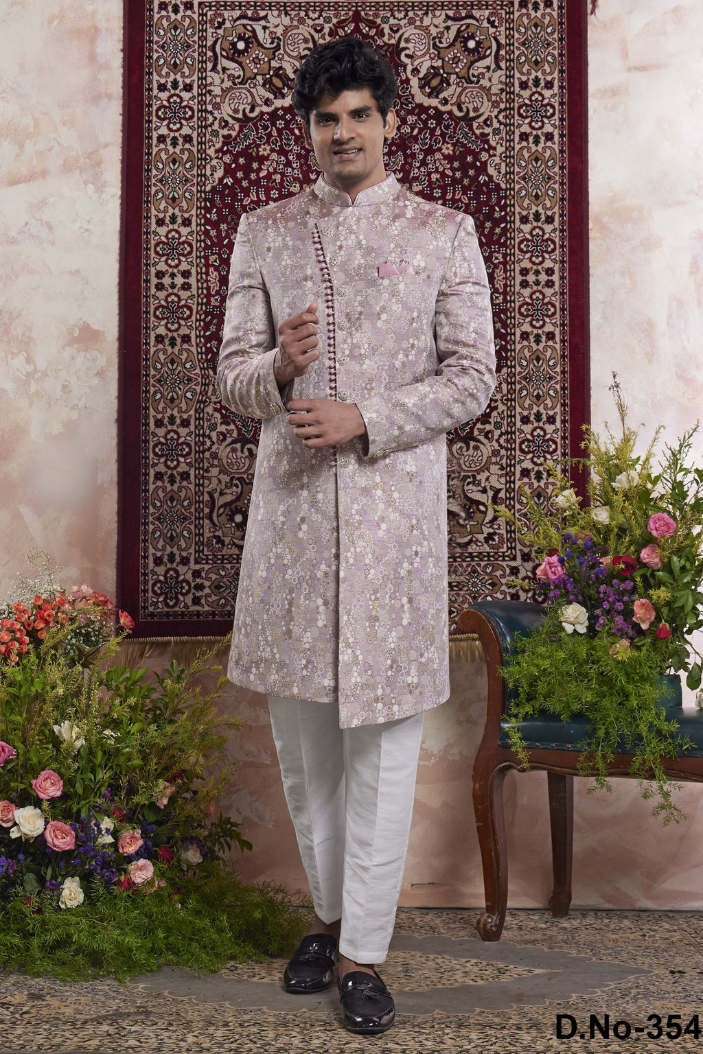 Pinkish Lavender Jacquard Woven Indo Western Mens Indian Wedding Attire