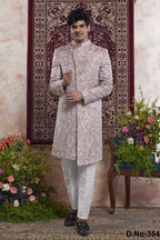 Pinkish Lavender Jacquard Woven Indo Western Mens Indian Wedding Attire