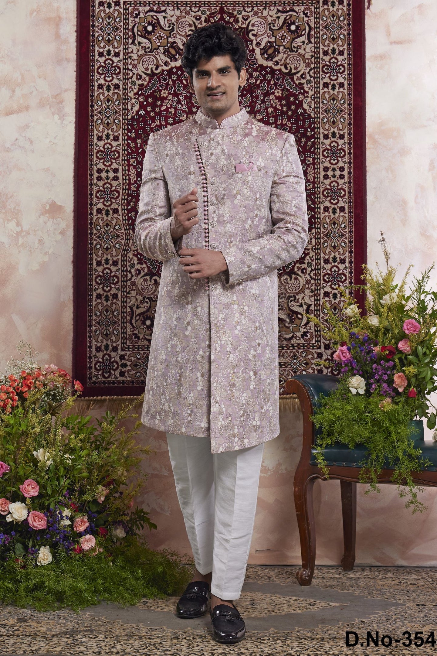 Pinkish Lavender Jacquard Woven Indo Western Mens Indian Wedding Attire
